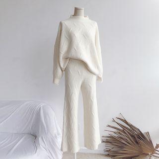 Set: Plain Mock Neck Sweater + Boot Cut Knit Pants