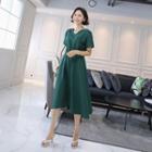 V-neck Gathered-waist Linen Blend Dress
