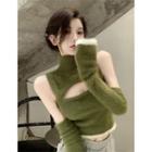 Set: Mock Neck Knit Top + Arm Sleeves Set Of 2 - Top & Arm Sleeve - Green - One Size