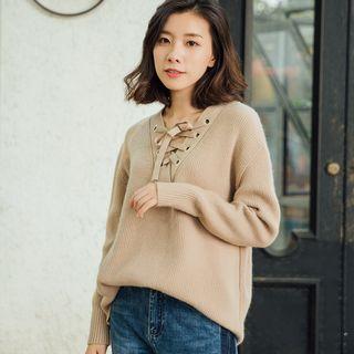 V-neck Lace-up Detail Sweater