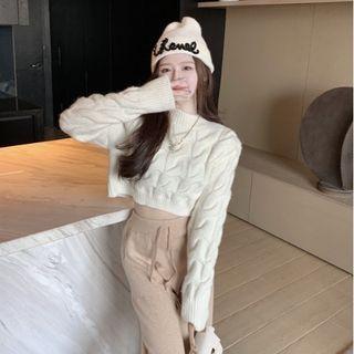 Plain Cable Knit Long-sleeve Cropped Sweater White - One Size