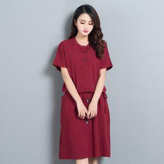 Set: Plain Short Sleeve Henley T-shirt + Band Waist A-line Skirt