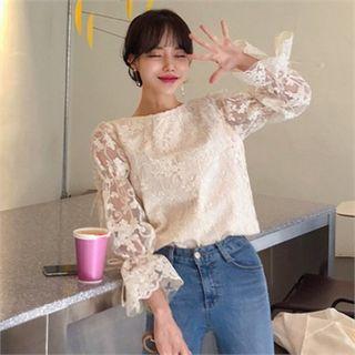 Sheer-sleeve Lace Blouse Beige - One Size