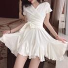 Set: Lace-up Short-sleeve T-shirt + A-line Skirt White - One Size