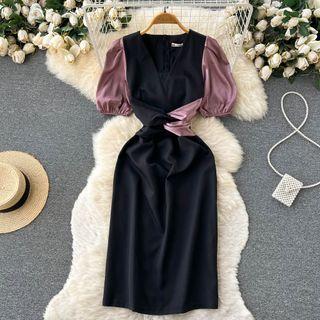 Puff-sleeve V-neck Color Block Slit Dress