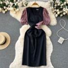 Puff-sleeve V-neck Color Block Slit Dress