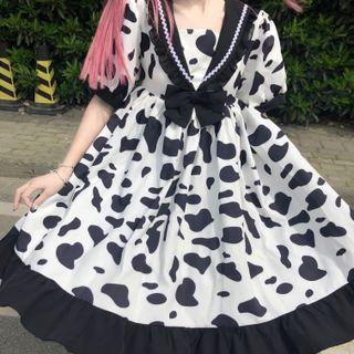 Elbow-sleeve Milk Cow Print A-line Dress Black & White - One Size