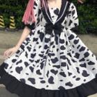Elbow-sleeve Milk Cow Print A-line Dress Black & White - One Size