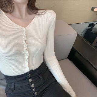 Long Sleeve Frilled V-neck Plain Knit Top