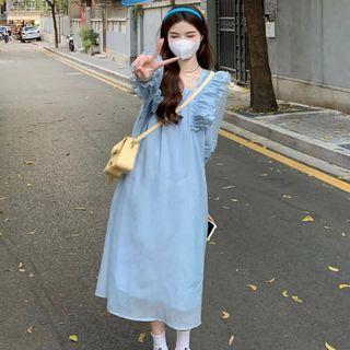 Long-sleeve Ruffled Midi Smock Dress Blue - One Size