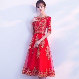 Elbow-sleeve Embroidered A-line Midi Evening Dress