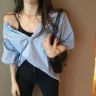 V Neck Off Shoulder Puff Short Sleeve Top