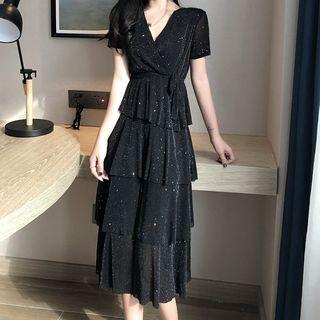 Short-sleeve Glitter Pleated Layered Dress