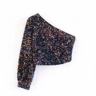 Sequined One-shoulder Long-sleeve Cropped Top