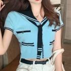 Contrast Stripe Sailor Collar Cropped Knit Top Blue - One Size