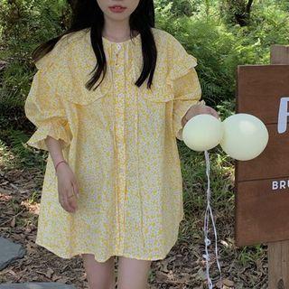 Long-sleeve Wide Collar Floral Blouse Yellow - One Size