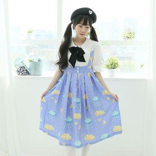 Printed Pleated Overall Dress Blue - One Size