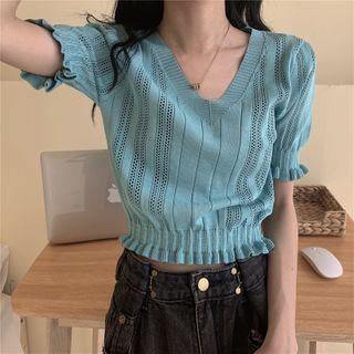 Short-sleeve Ruffled Perforated Cropped Knit Top