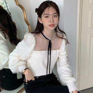 Mesh Panel Lace Blouse White - One Size