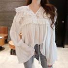 Long-sleeve Ruffle Trim Lace Top White - One Size