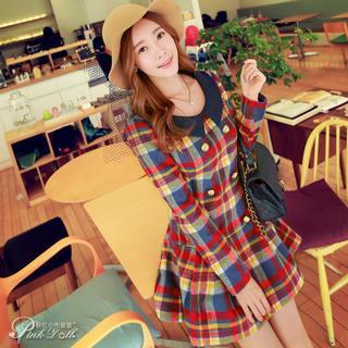 Double-breasted Contrast-collar Plaid Dress
