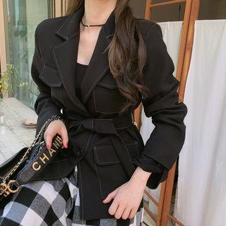 Stitched Flap-pocket Jacket With Sash Black - One Size