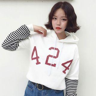 Number Print Striped Sleeve Hoodie