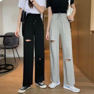 Drawstring Distressed Wide-leg Pants