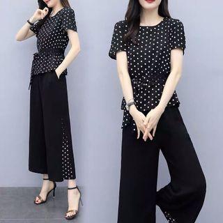 Set: Short-sleeve Dotted Tie-waist Blouse + Wide Leg Pants