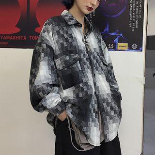 Couple Matching Pocket Detail Shirt Plaid - Black & White - One Size