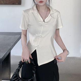 Short Sleeve V-neck Frog-button Asymmetrical Hem Crop Shirt