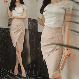 Set: Lace Panel Short-sleeve Top + Midi Skirt