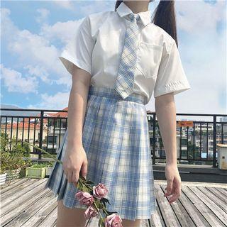 Set: Short-sleeve Shirt + Tie + Plaid Pleated Mini Skirt