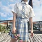 Set: Short-sleeve Shirt + Tie + Plaid Pleated Mini Skirt