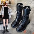 Perforated Lace Up Platform Mid Calf Boots