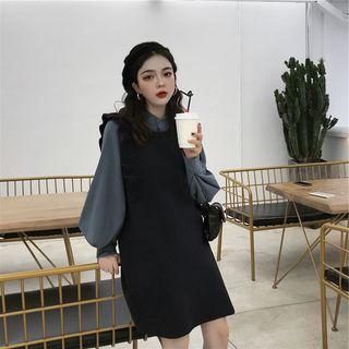 Set: Long-sleeve Shirt + Sleeveless Frill Trim Mini Dress