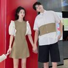 Couple Matching Short-sleeve Two-tone Shirt / Ruffle Mini Sheath Dress / Plain Shorts