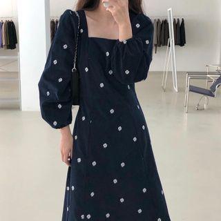 Puff-sleeve Floral Embroidered Midi A-line Dress Black - One Size