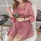 Set: Chiffon Jacket + Shoulder-tie Smocked Top + Culottes