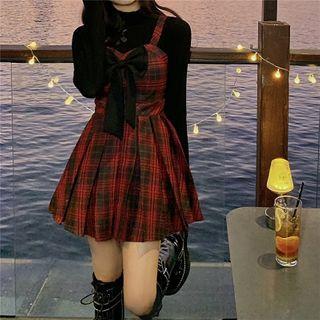 Long-sleeve Top / Spaghetti Strap Plaid Mini A-line Dress / Faux Fur Jacket
