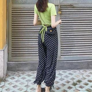 Short-sleeve Tie-waist Cropped T-shirt / Dotted Harem Pants