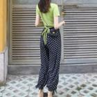 Short-sleeve Tie-waist Cropped T-shirt / Dotted Harem Pants