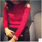Round-neck Off Shoulder Plain Ripped Knit Top