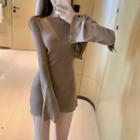 Long Sleeve Plain Mini Dress Camel - One Size