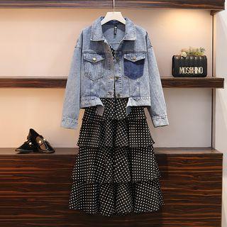Set: Denim Jacket + Dotted Strappy Tiered Dress