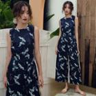 Crane Print Sleeveless Jumpsuit
