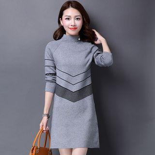 Mock Neck Striped Long Sleeve Knit Dress