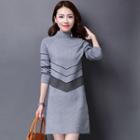 Mock Neck Striped Long Sleeve Knit Dress