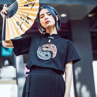 Short-sleeve Embroidered Mandarin-collar Top