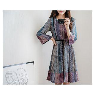 3/4-sleeve Drawstring-waist Patterned Dress